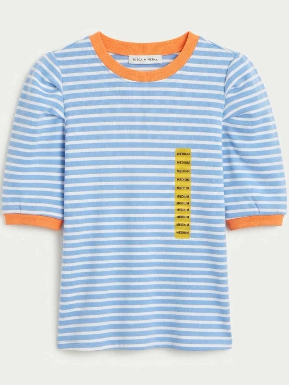 Rebecca Minkoff Women M Blue White Stripe Puff Sleeve Ribbed Top Orange Trim